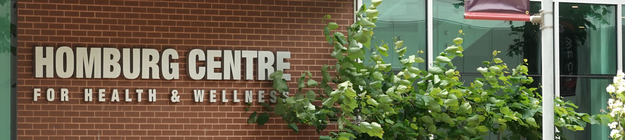 Lettering on the side of the Homburg Centre building which reads, Homburg Centre for Health and Wellness against a brick background