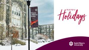 A card featuring a picture of the McNally Building, covered in snow, with a SMU banner in front. The text reads 